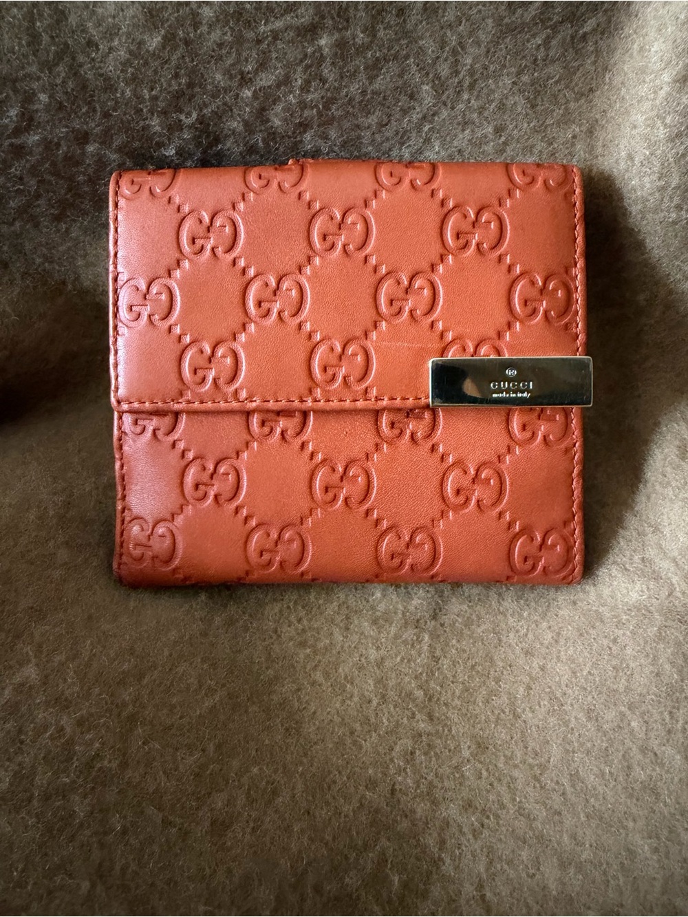 Gucci Embossed GG Leather Bifold Wallet - Great Orange Terracotta Color!